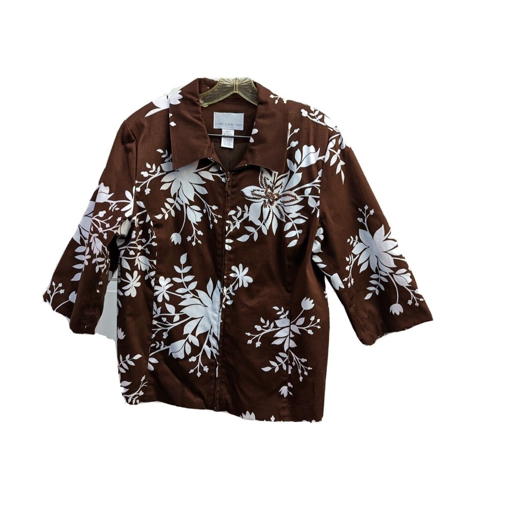 Susan Graver SHACKET Size M Pocket Zip Top Jacket 3/4 Sleeve Floral Beaded Brown